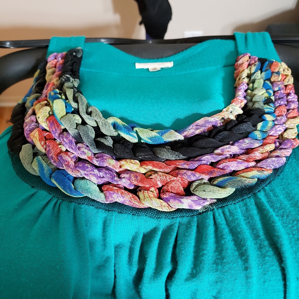 Turquoise Dress with Multi-Colored Woven Neckline